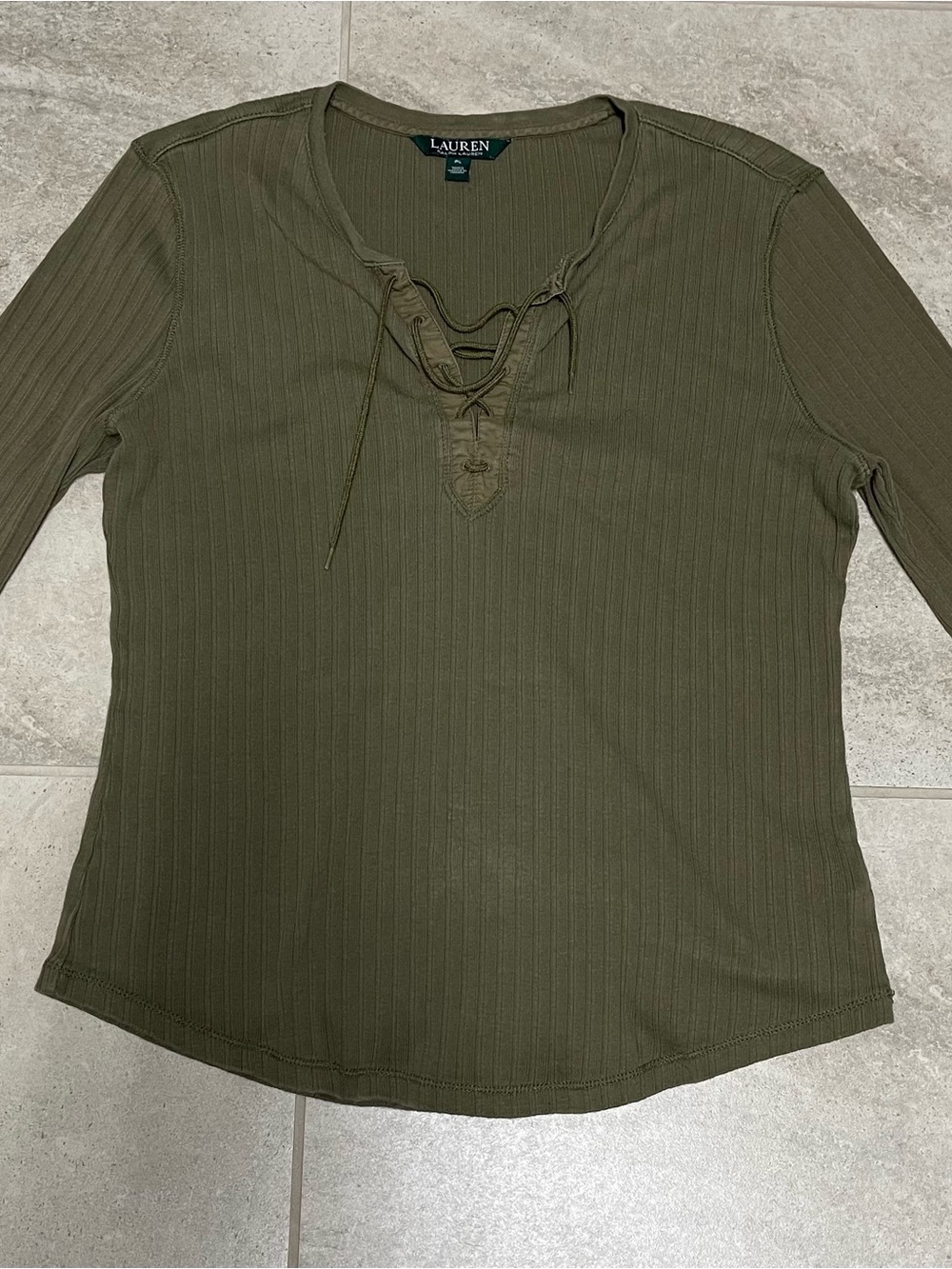 Lauren Ralph Lauren Olive Lace-Up Ribbed Long Sleeve Top